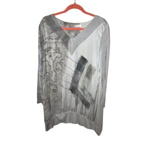 Scandal Italy Silk Layered Tunic Top Grey Abstract Metallic V-Neck Made in Italy